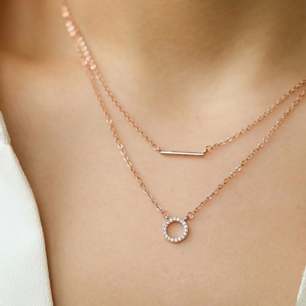 Zirconia Round Bar Dainty Layered Necklace | Rose Gold Plated Sterling Silver - Picture 3 of 4